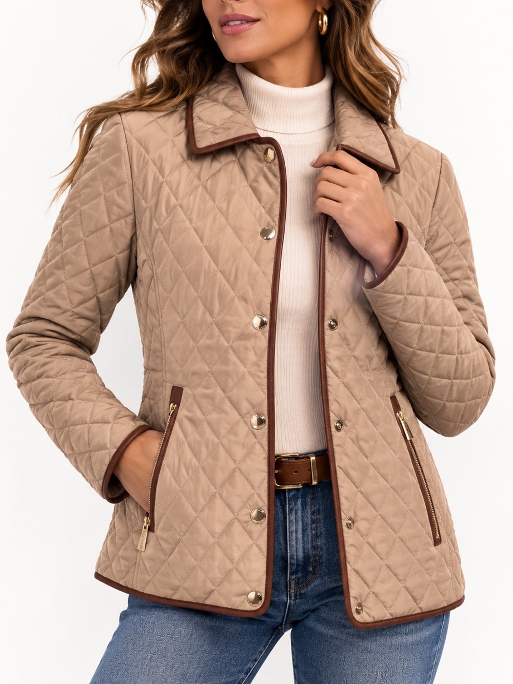 Michael Kors Quilted Jacket Tan Brown Trim Gold Zip Snap Coat Small